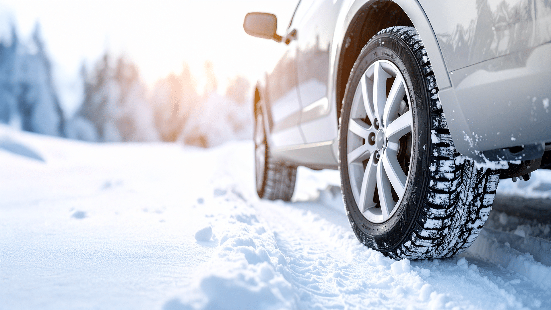 Närbild på vinterdäck på en bil i snöigt landskap.