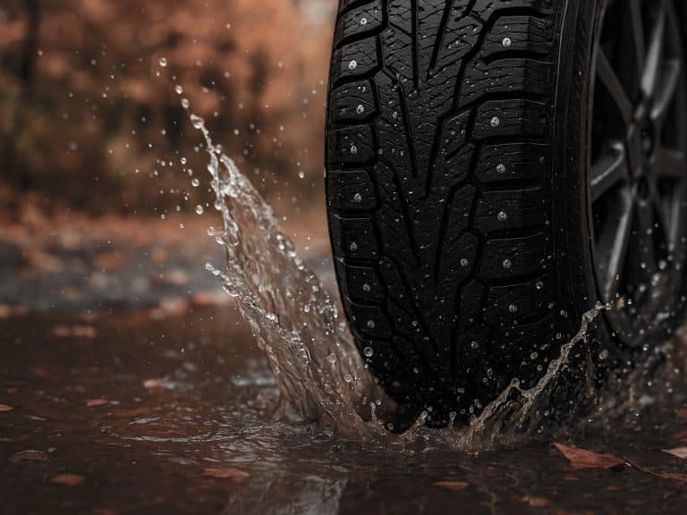 Dubbdäck kör genom vattenpöl och skvätter upp vatten.