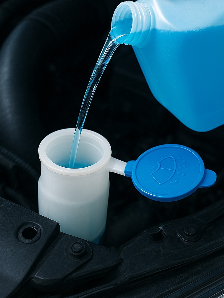 Fyll i spolarvätska i behållaren med blått lock.