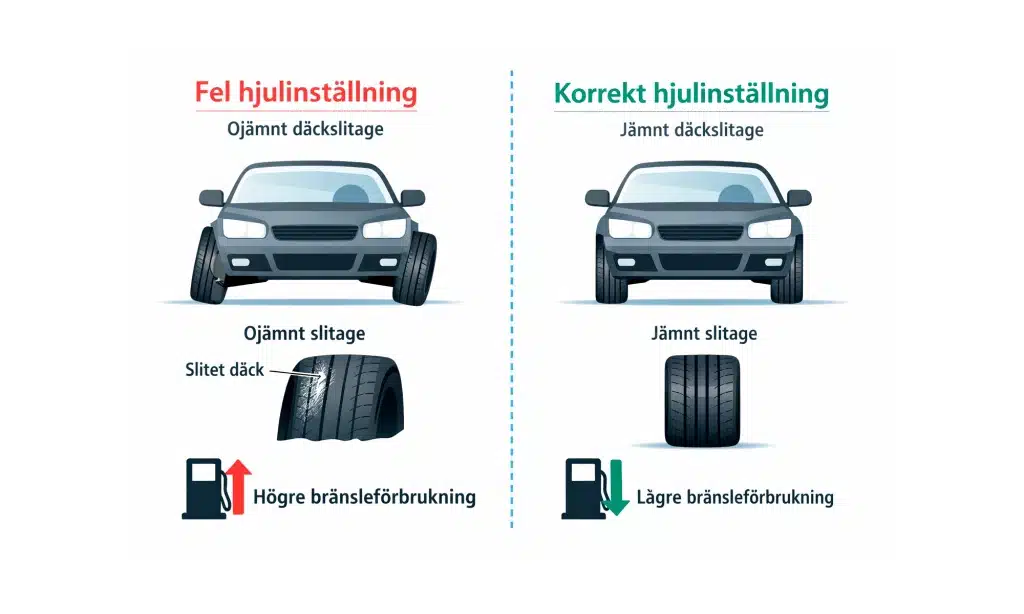 Grafik som visar korrekt vs fel hjulinställning.
