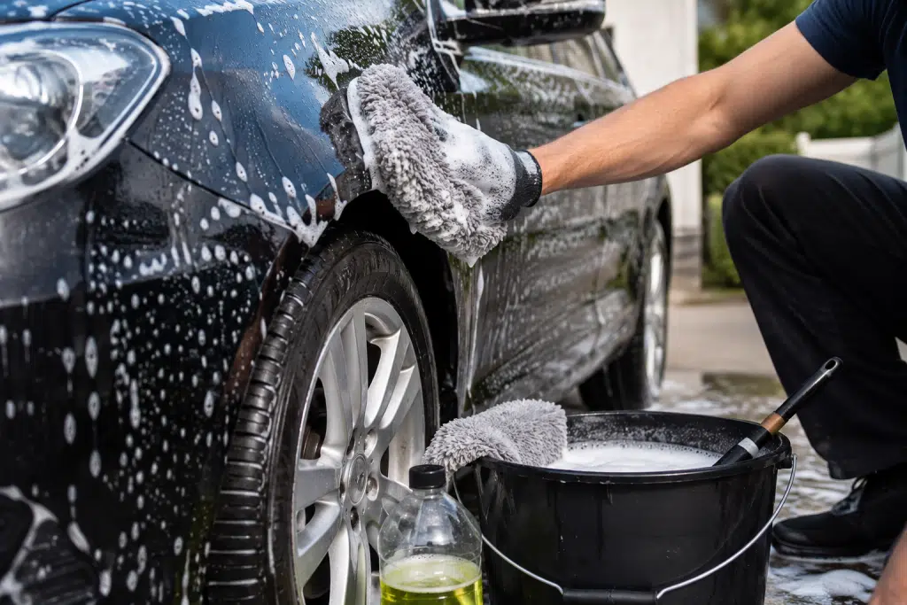 Handtvätta bilen med shampoo och svamp